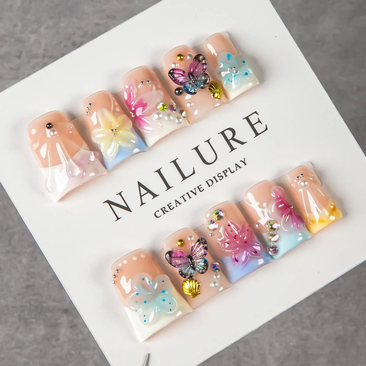 Press-On Nail Set Floral Butterfly Reusable Easy Application