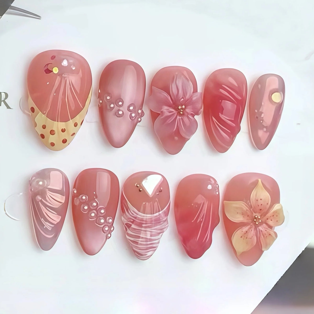 Press-On Nail Set Floral Camellia Easy Application