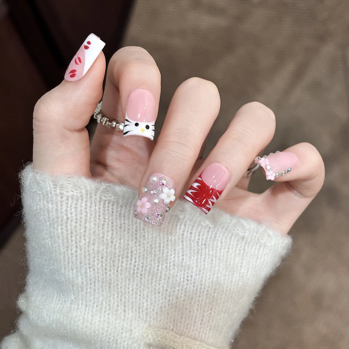 Press-On Nail Set Floral & Charm Self-Adhesive Lightweight