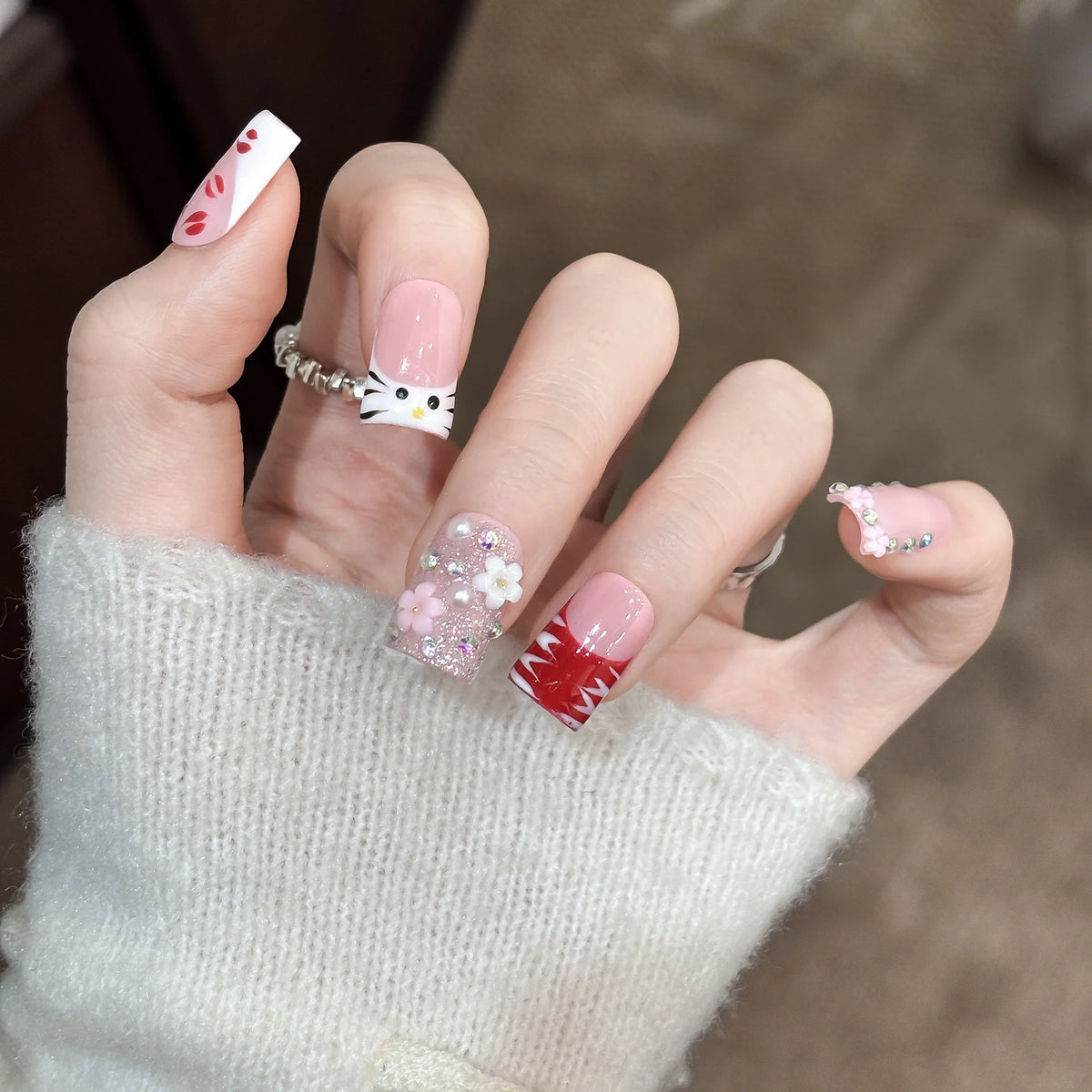 Press-On Nail Set Floral & Charm Self-Adhesive Lightweight