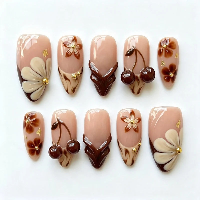 Press-On Nail Set Floral & Cherry Designs Reusable