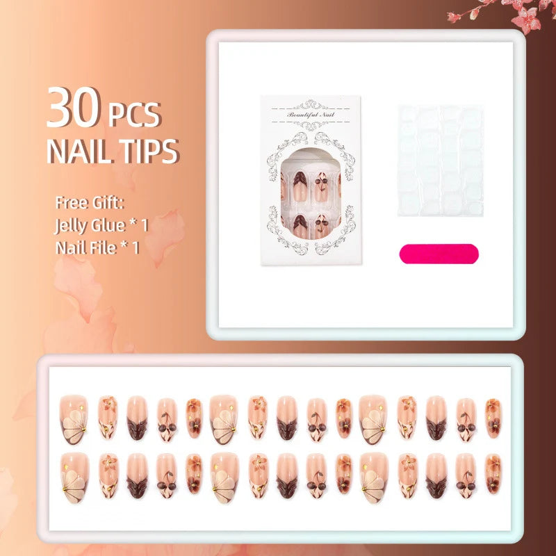 Press-On Nail Set Floral & Cherry Designs Reusable