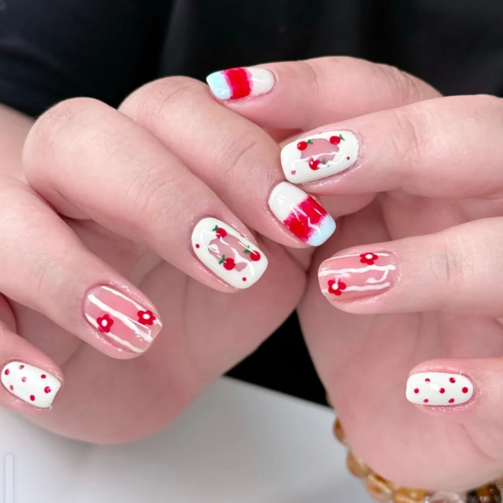 Press-On Nail Set Floral & Cherry Easy Apply