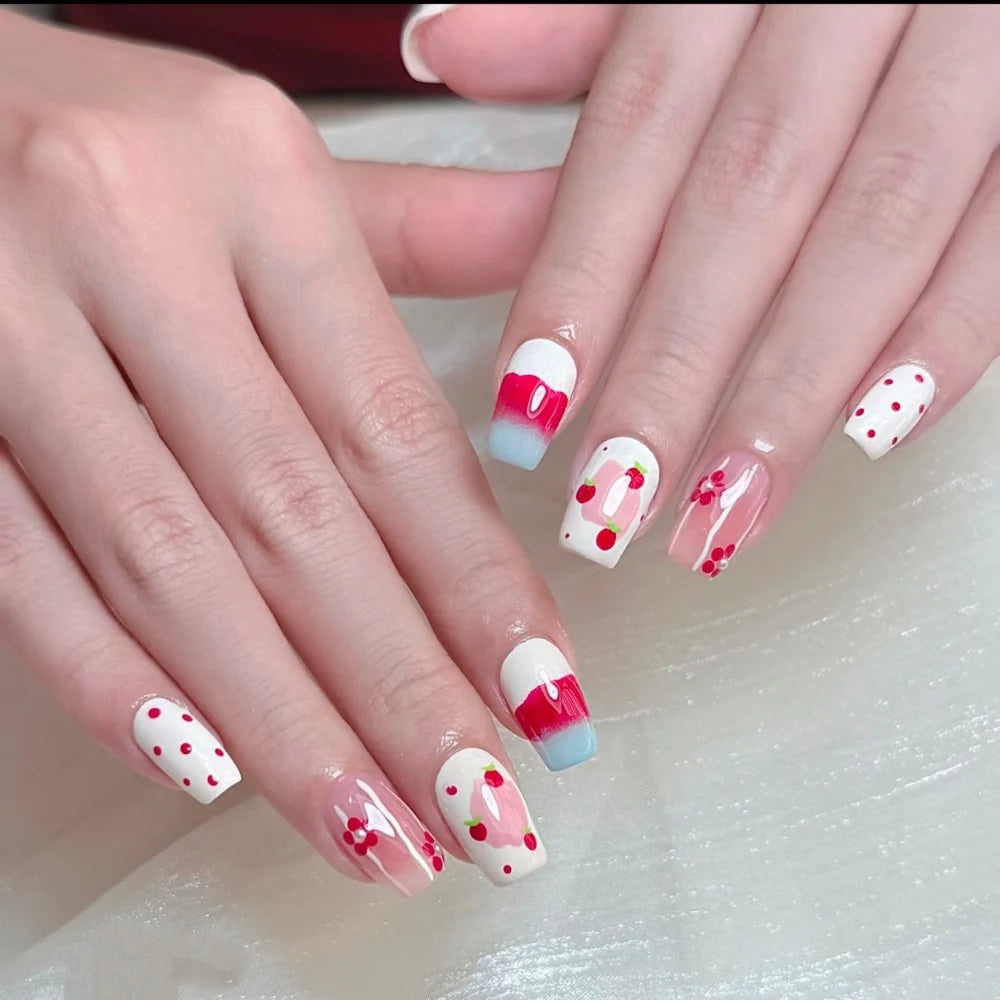 Press-On Nail Set Floral & Cherry Easy Apply