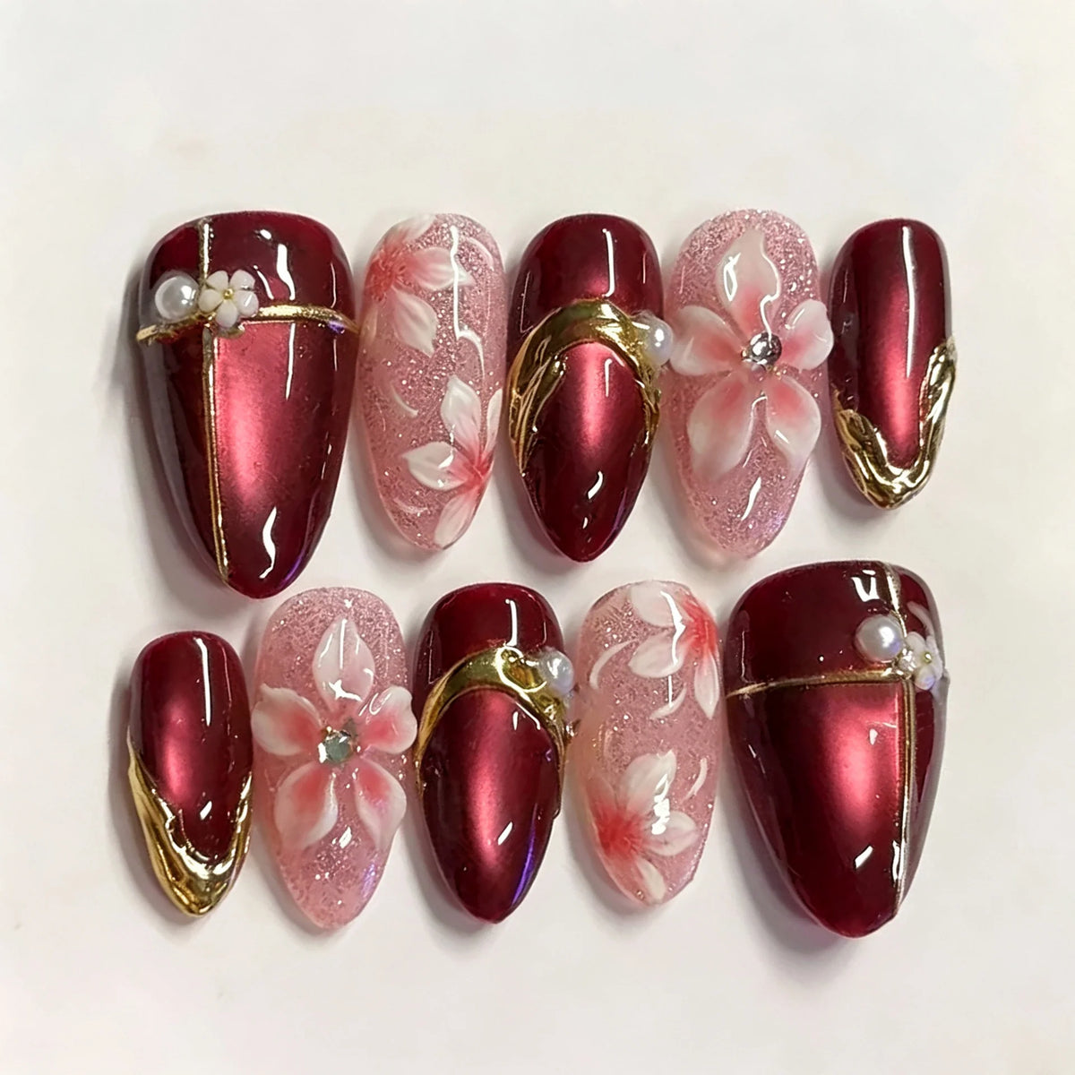 Press-On Nail Set Floral & Dazzling Accents Multiple Sizes