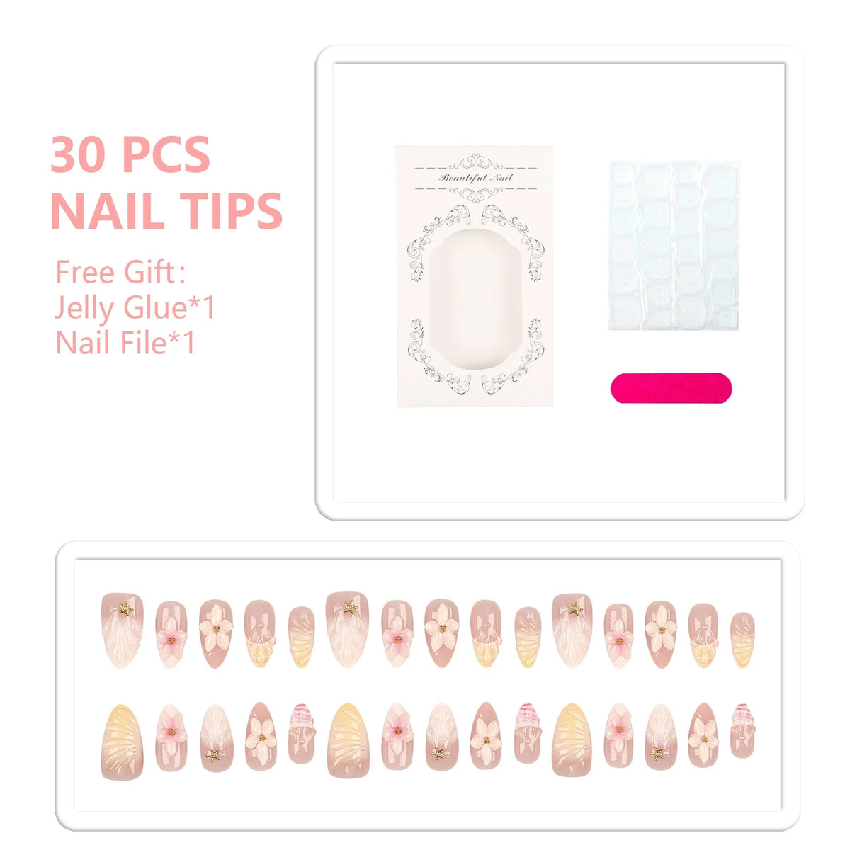 Press-On Nail Set Floral Design Adhesive-Backed & Long-Lasting