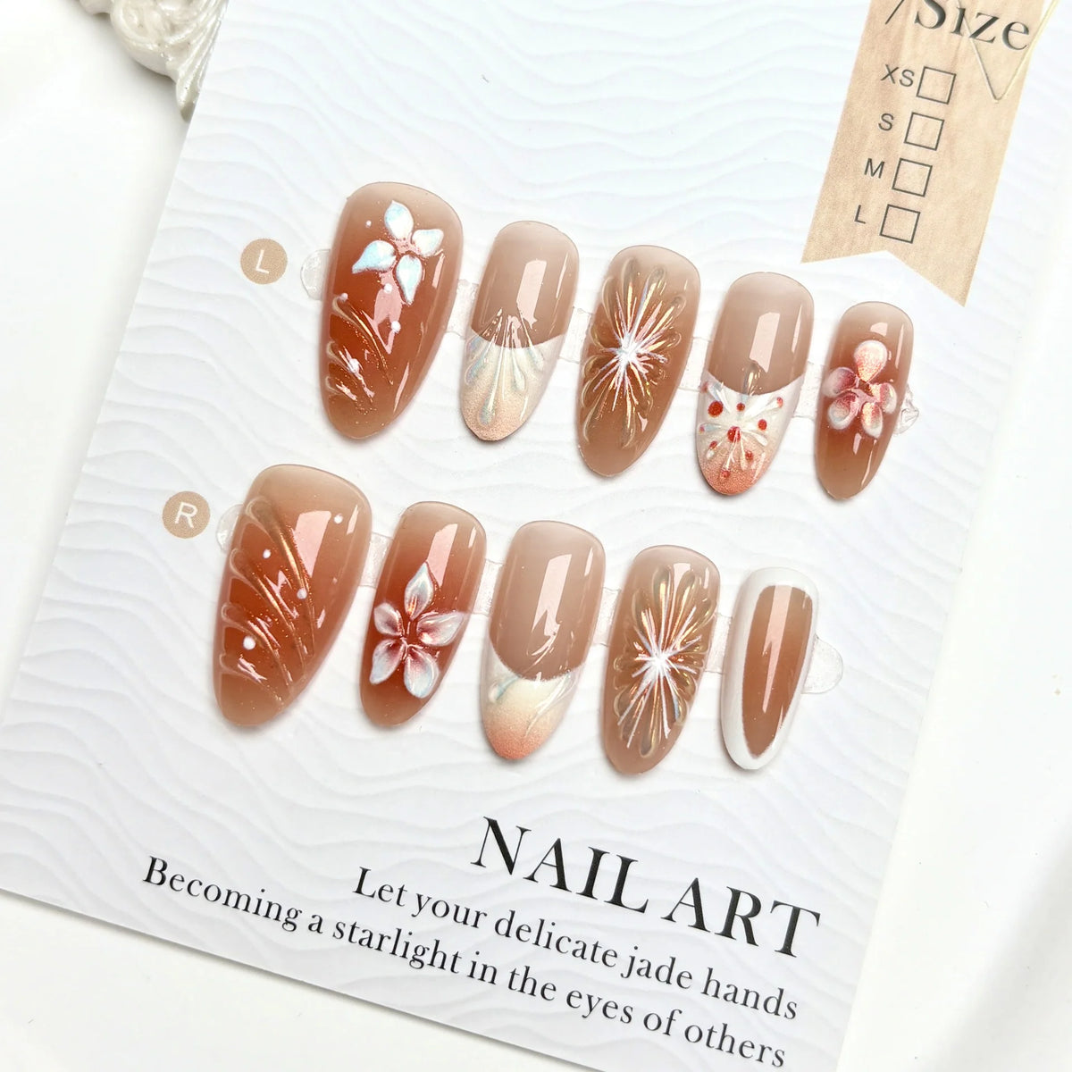 Press-On Nail Set Floral Design Adhesive Backing Multiple Sizes