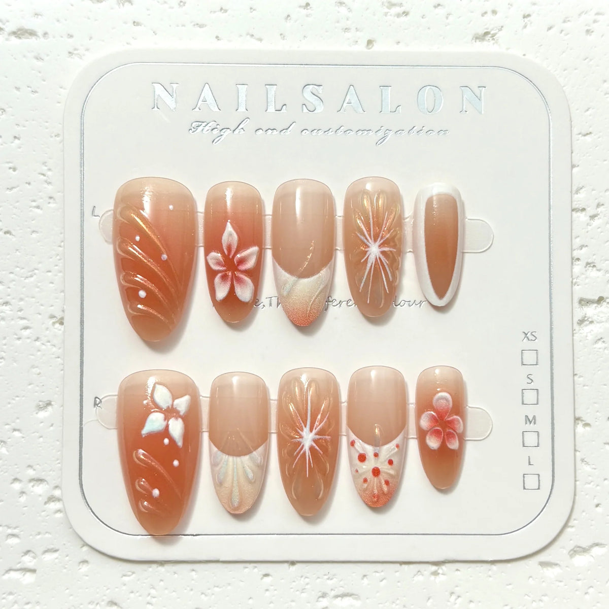 Press-On Nail Set Floral Design Adhesive Backing Multiple Sizes