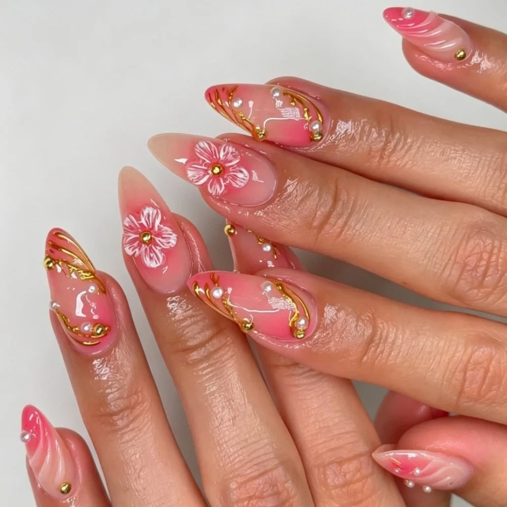 Press-On Nail Set Floral Design Adhesive & Comfort Fit