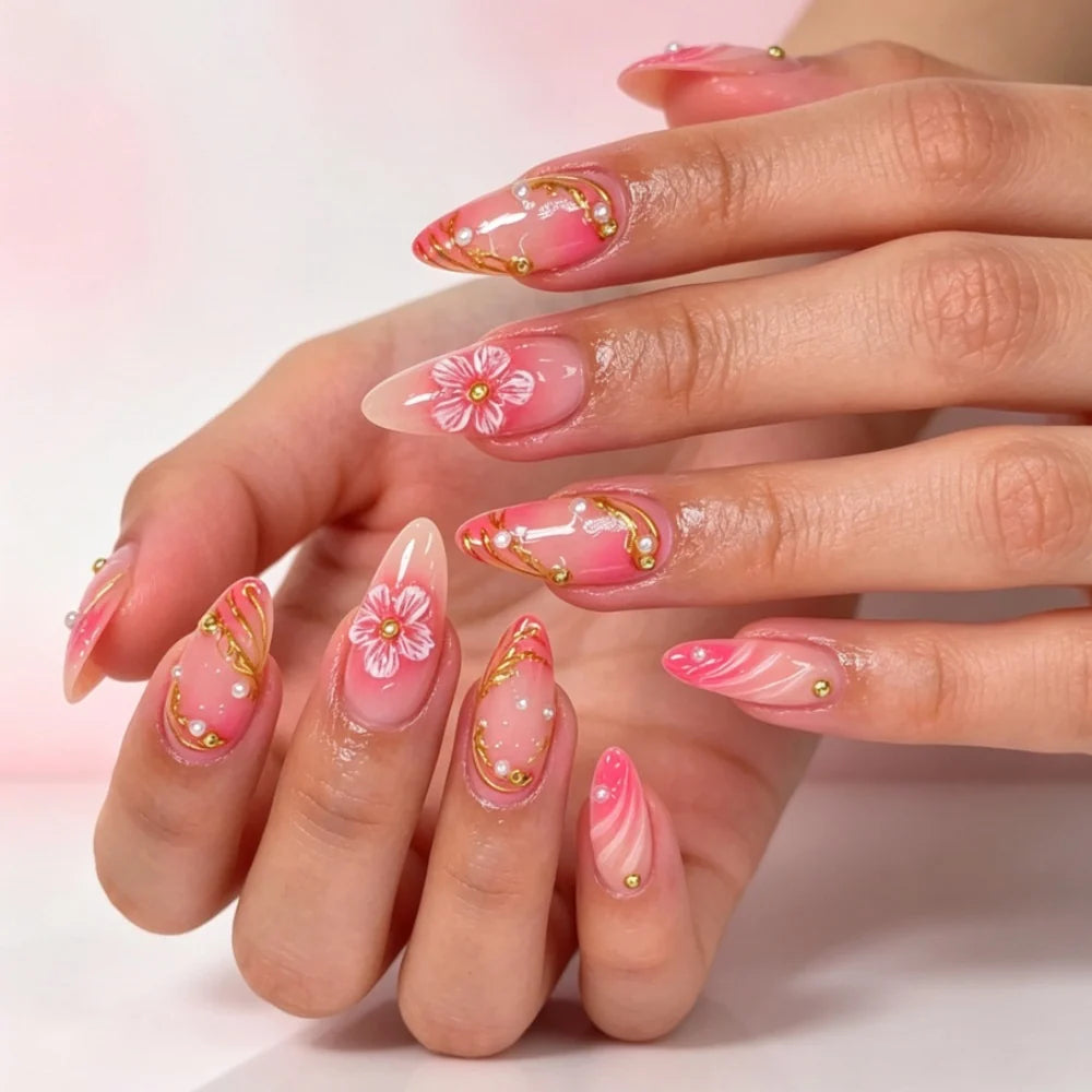 Press-On Nail Set Floral Design Adhesive & Comfort Fit