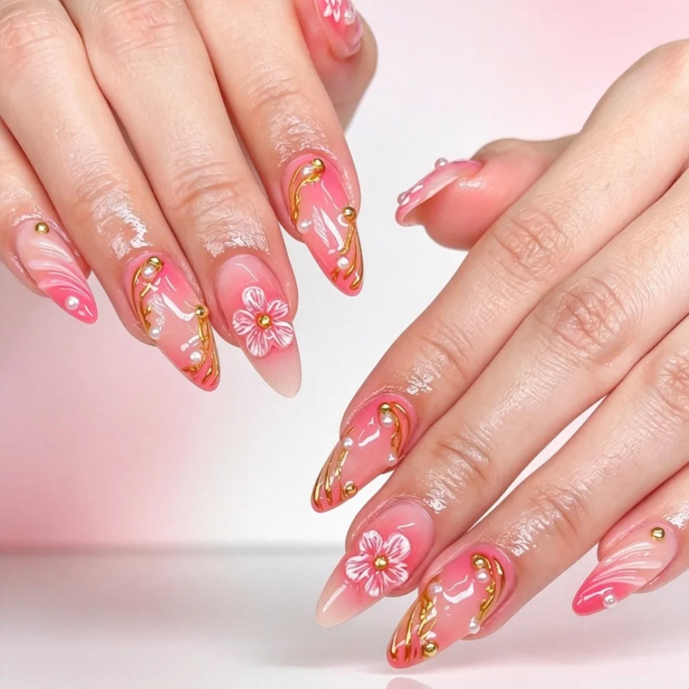 Press-On Nail Set Floral Design Adhesive & Comfort Fit