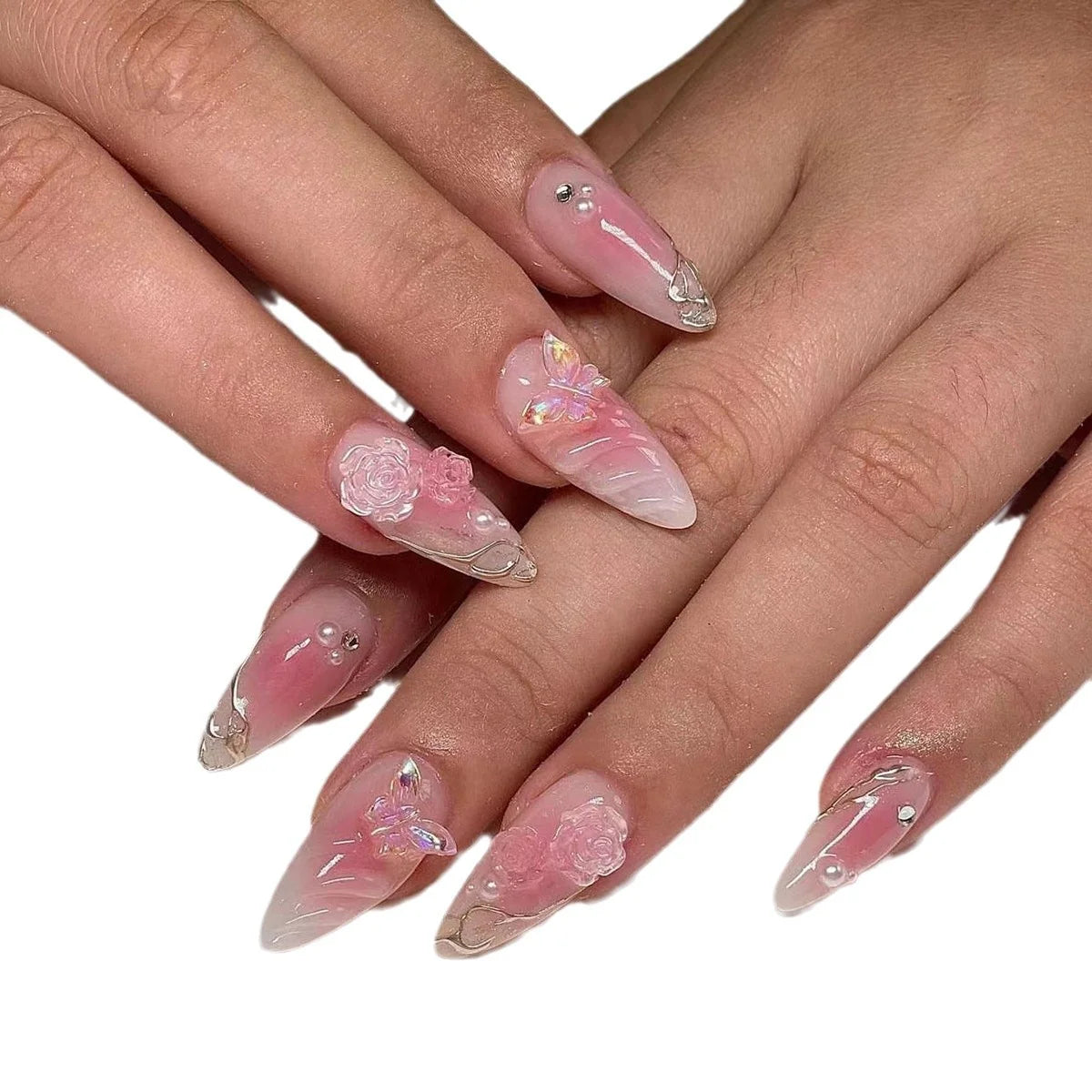 Press-On Nail Set Floral Design Adhesive Included