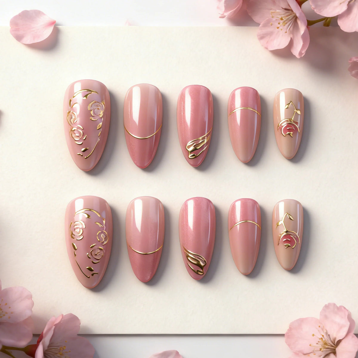 Press-On Nail Set Floral Design & Adhesive Tabs