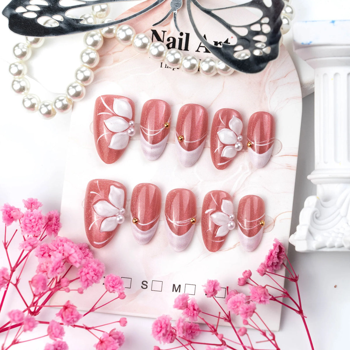Press-On Nail Set Floral Design Adhesive Tabs & Multiple Sizes