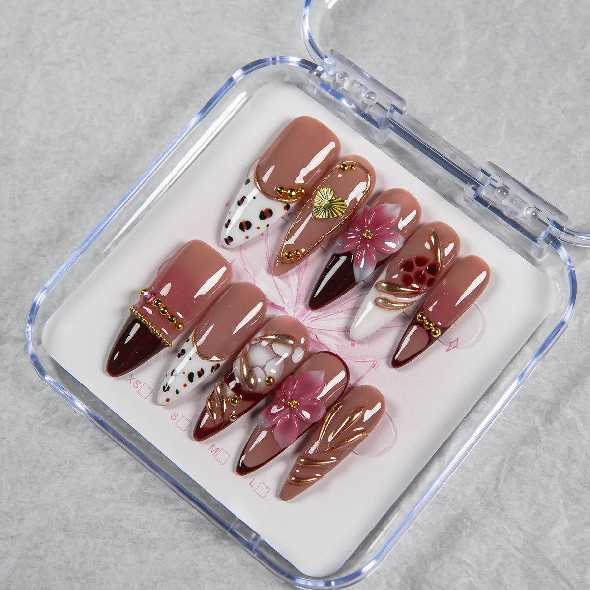 Press-On Nail Set Floral Design Burgundy Easy Application