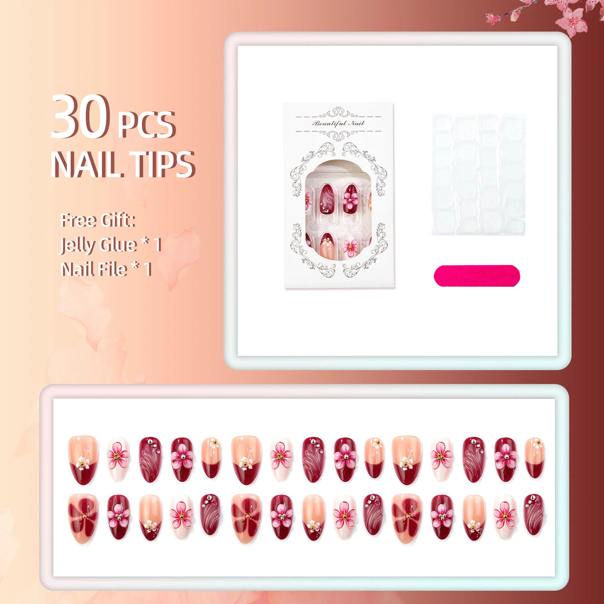 Press-On Nail Set Floral Design Comfortable Fit & Reusable