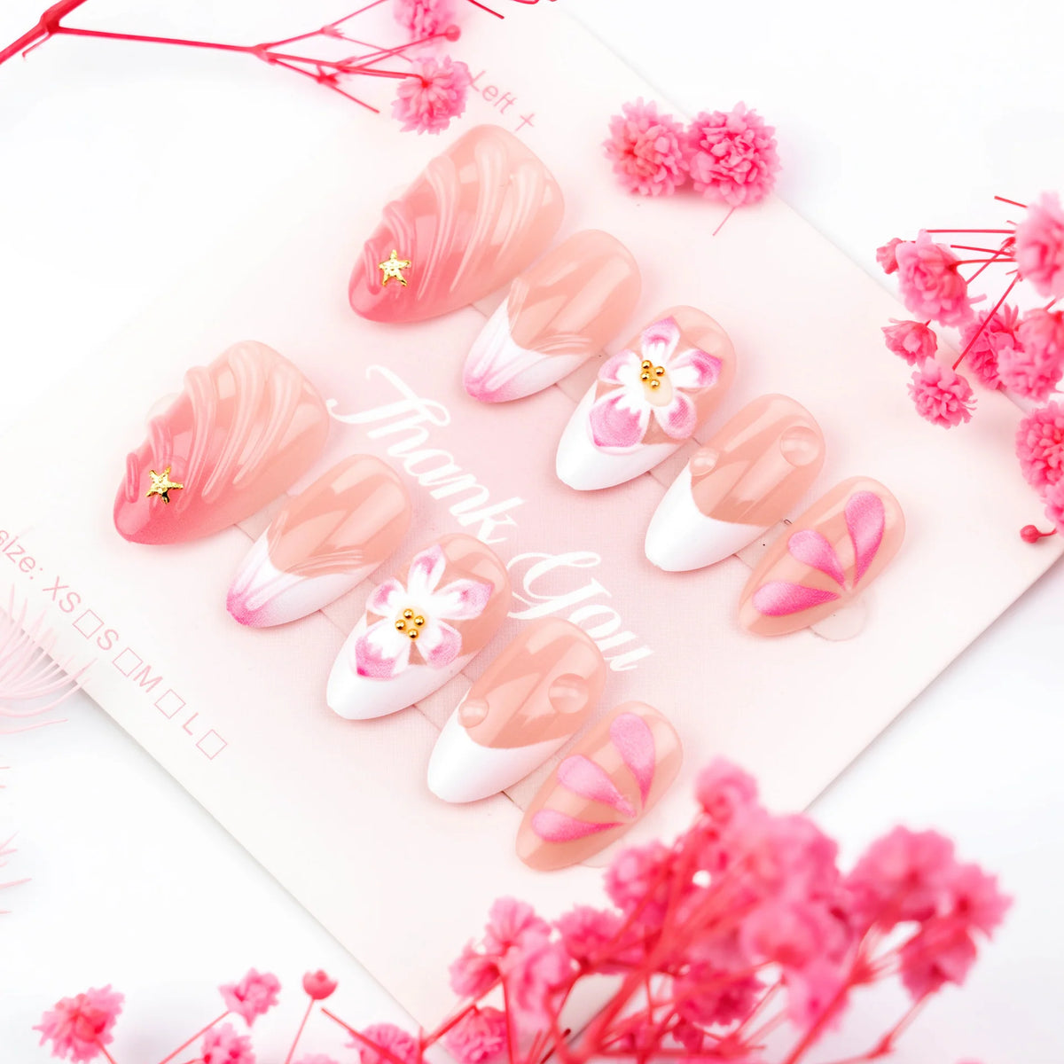 Press-On Nail Set Floral Design Easy Application Multiple Sizes
