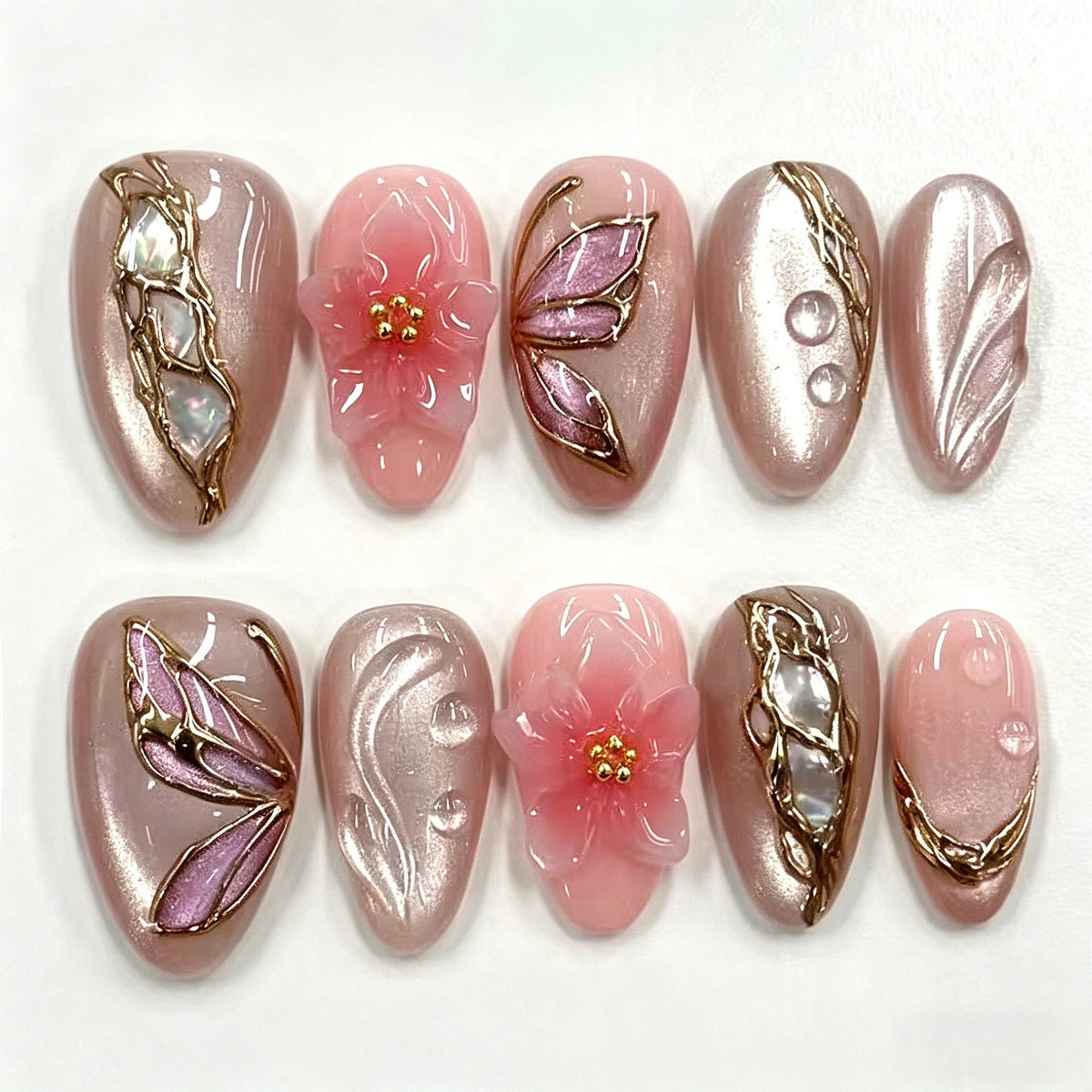 Press-On Nail Set Floral Design & Gem Accents