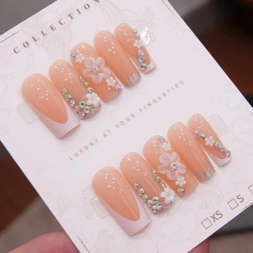 Press-On Nail Set Floral Design & Gem Accents 24 Piece