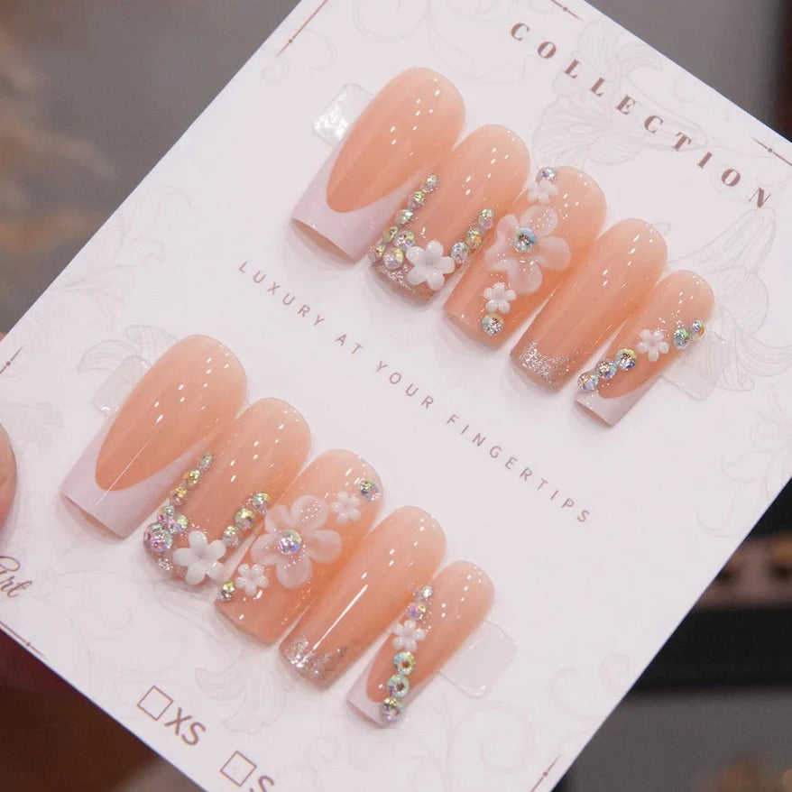 Press-On Nail Set Floral Design & Gem Accents 24 Piece