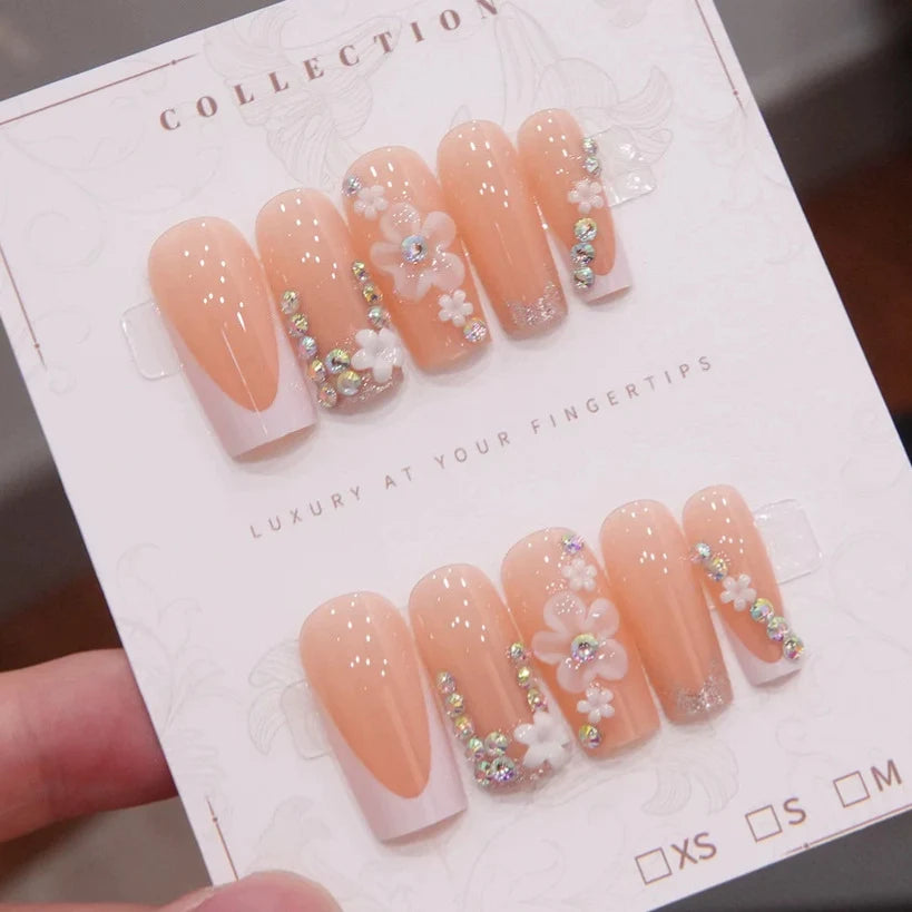 Press-On Nail Set Floral Design & Gem Accents 24 Piece