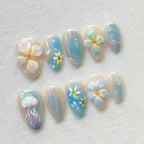 Press-On Nail Set Floral Design Glass Sea Multiple Sizes