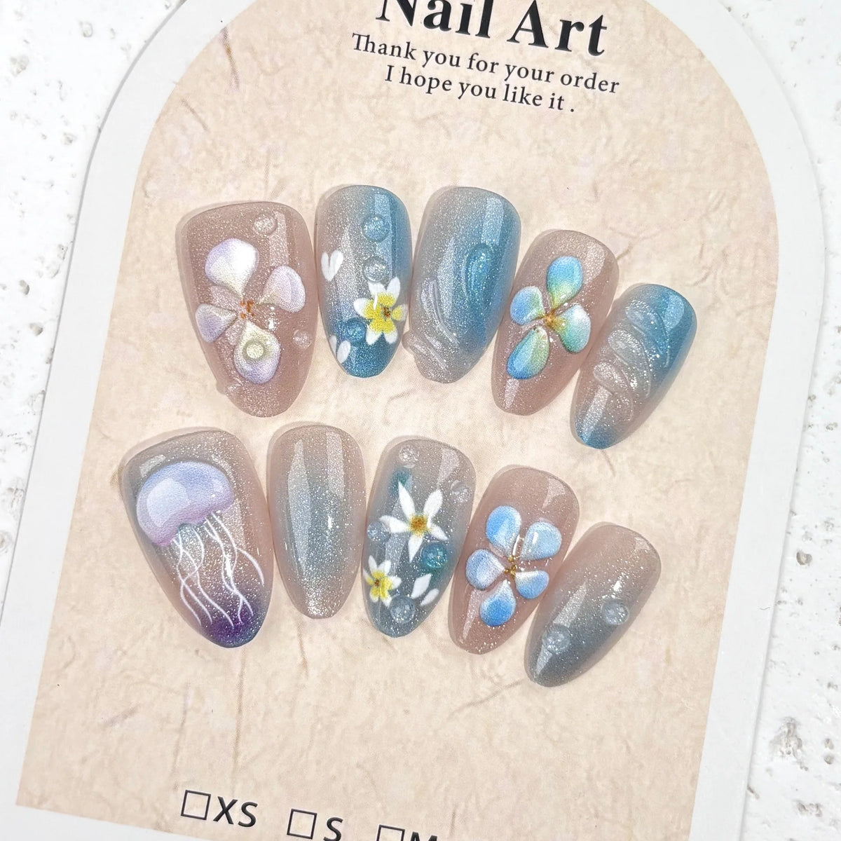 Press-On Nail Set Floral Design Glass Sea Multiple Sizes