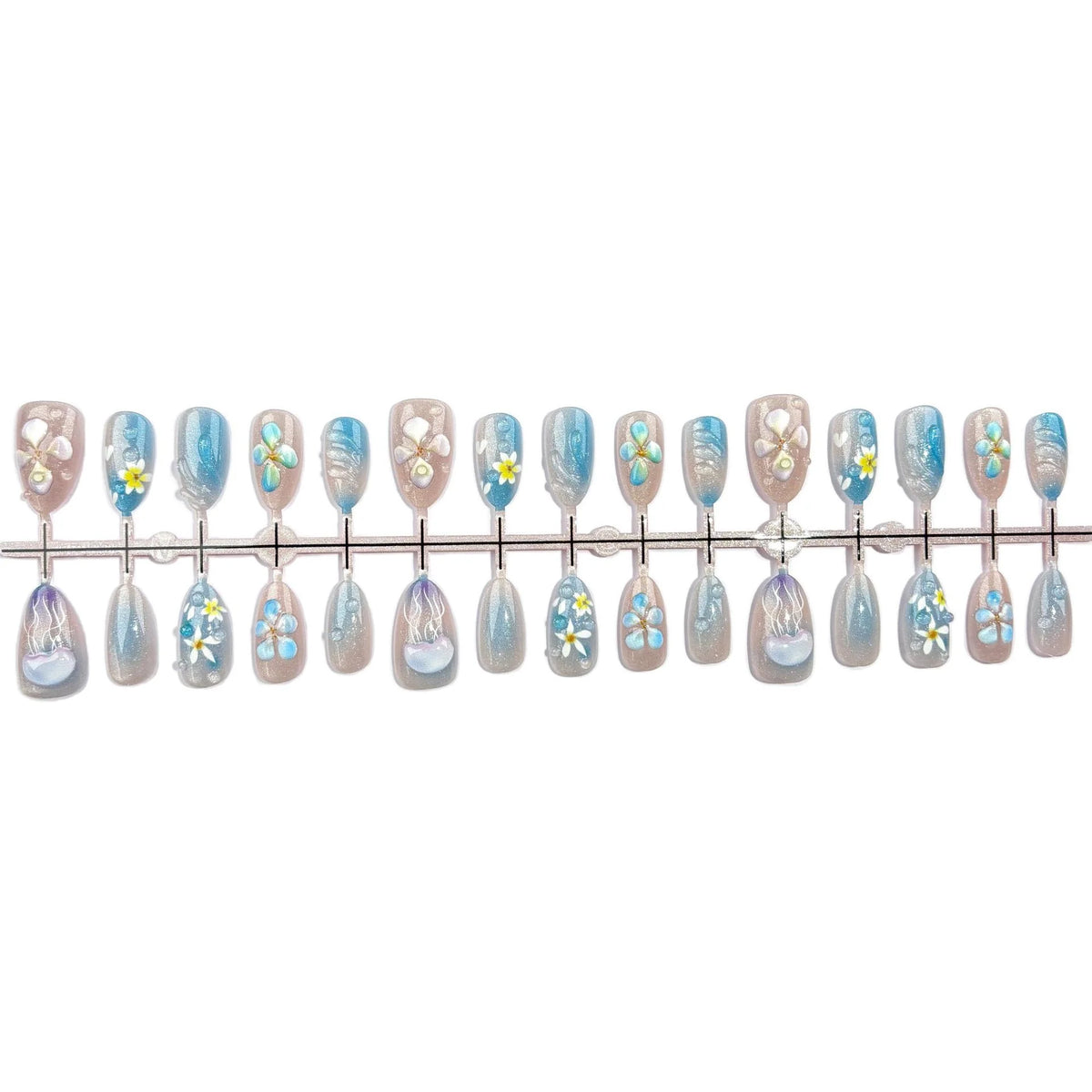 Press-On Nail Set Floral Design Glass Sea Multiple Sizes