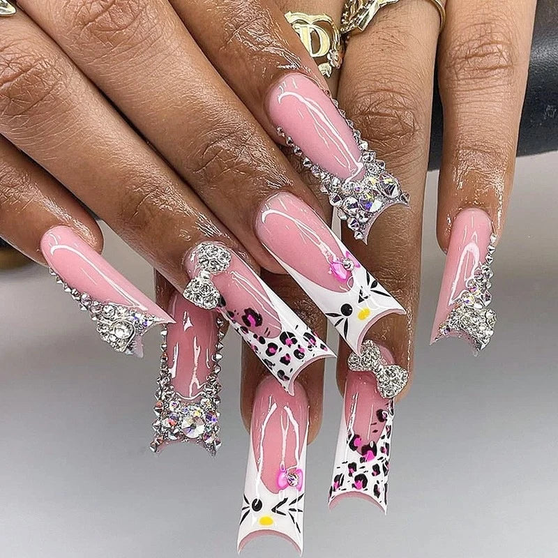 Press-On Nail Set Floral Design & Glitter