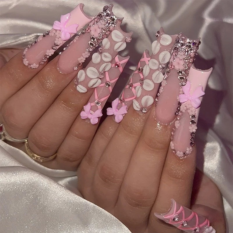 Press-On Nail Set Floral Design & Glitter