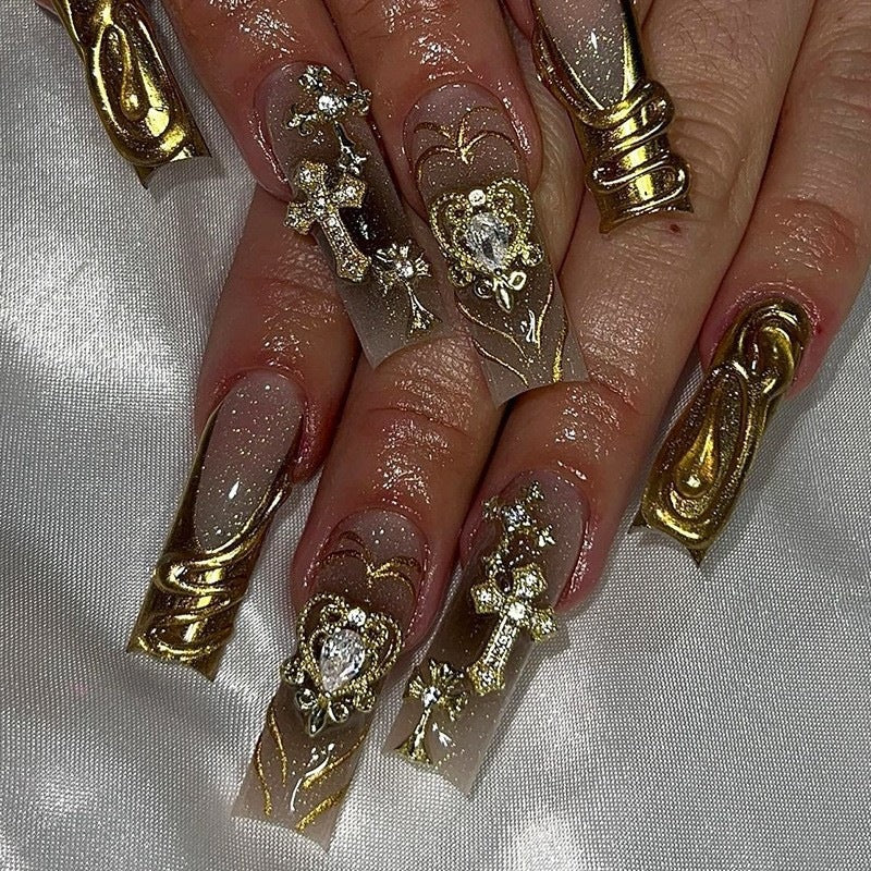 Press-On Nail Set Floral Design & Glitter