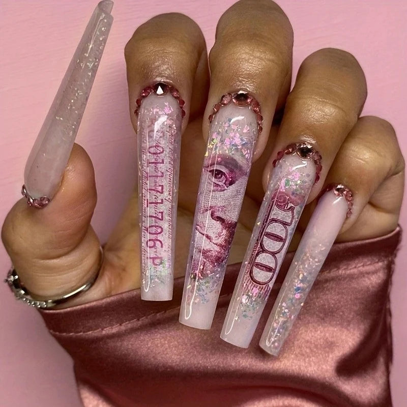Press-On Nail Set Floral Design & Glitter