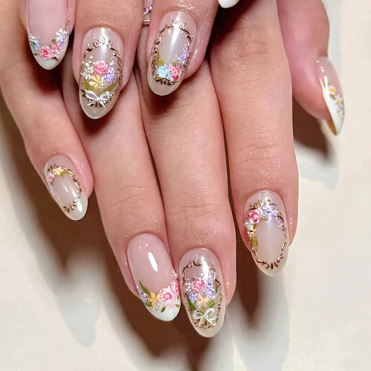Press-On Nail Set Floral Design Glossy Finish & Reusable