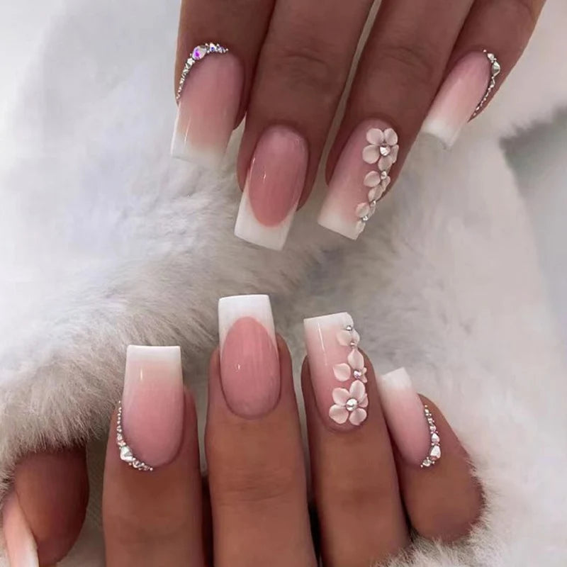 Press-On Nail Set Floral Design & Glossy Finish Reusable