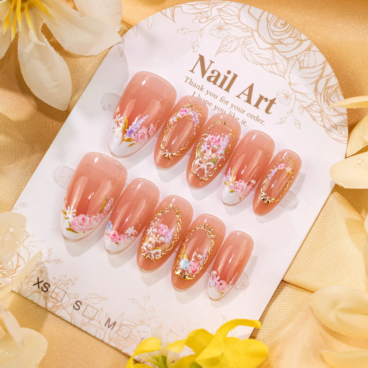 Press-On Nail Set Floral Design Glossy Finish & Reusable