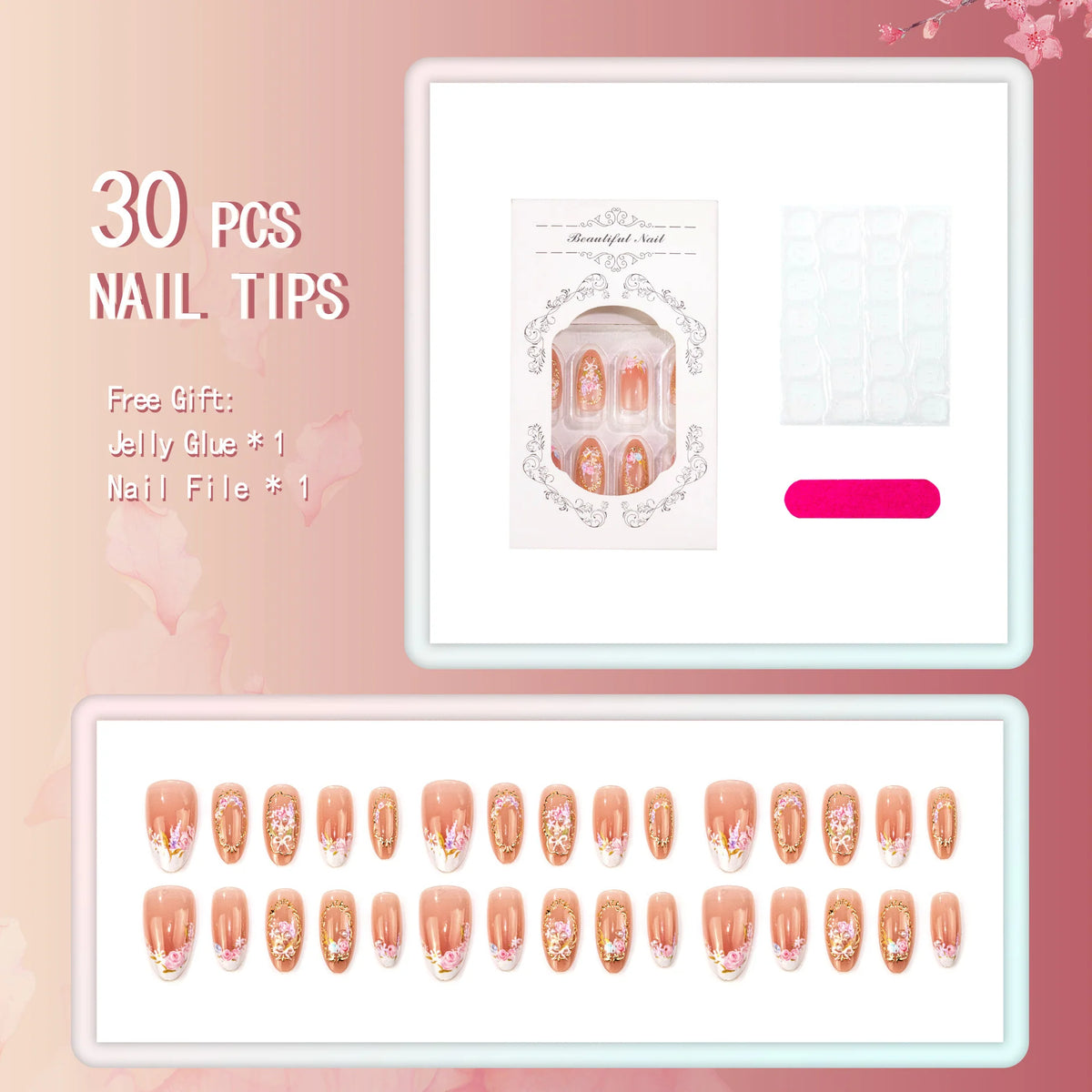 Press-On Nail Set Floral Design Glossy Finish & Reusable