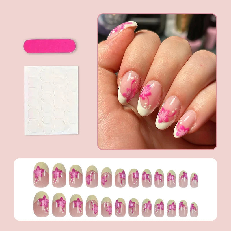 Press-On Nail Set Floral Design Glue & Instructions
