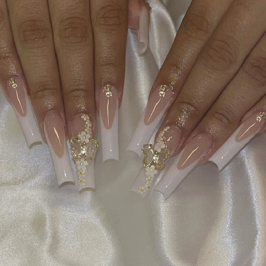 Press-On Nail Set Floral Design Glue-On Long-Lasting