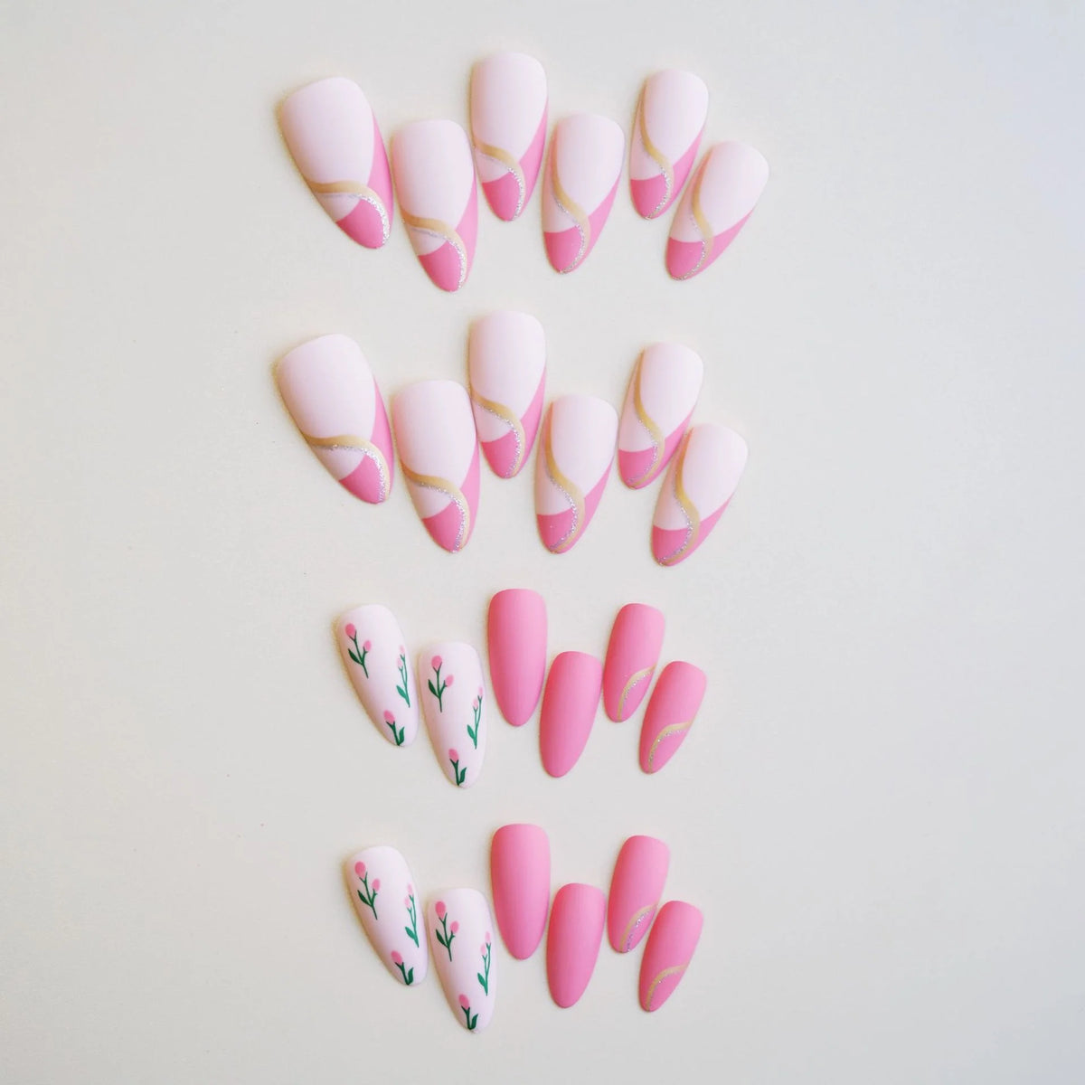 Press-On Nail Set Floral Design Glue-On Long-Lasting