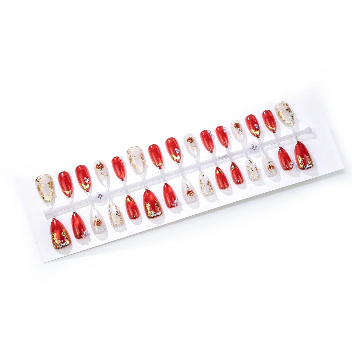 Press-On Nail Set Floral Design & Gold Accent Durable Chip-Resistant