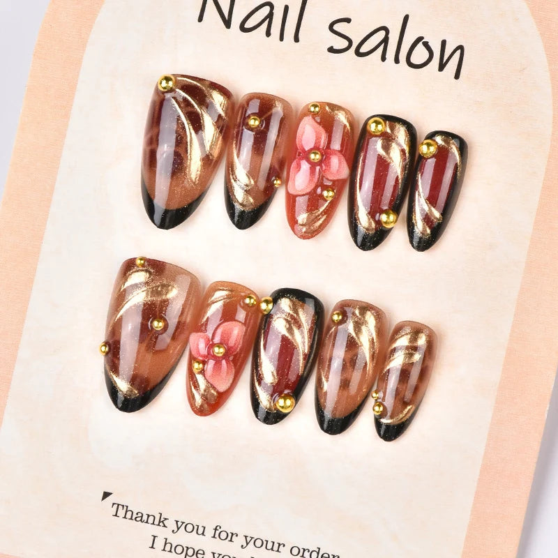 Press-On Nail Set Floral Design Gold Accents