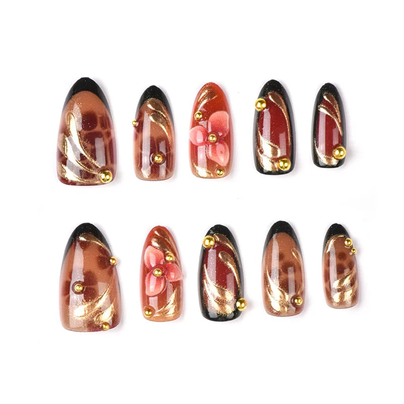Press-On Nail Set Floral Design Gold Accents