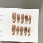Press-On Nail Set Floral Design & Gold Accents