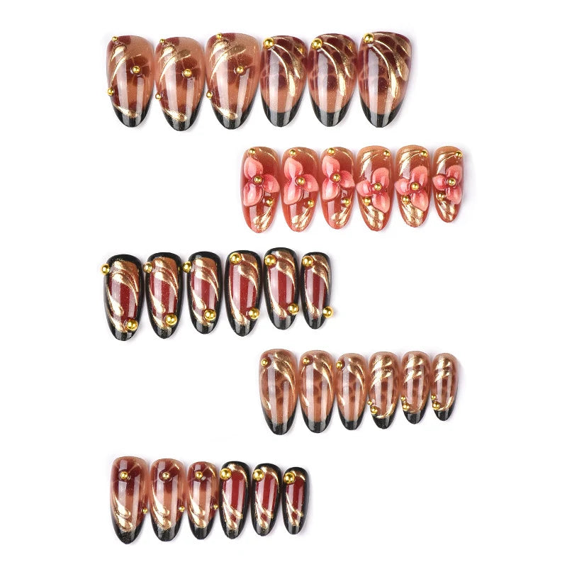 Press-On Nail Set Floral Design Gold Accents
