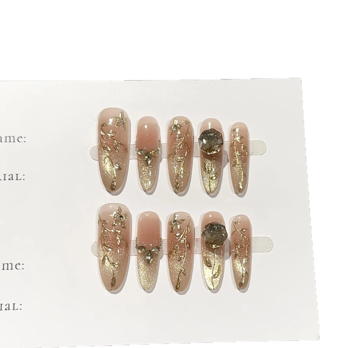 Press-On Nail Set Floral Design & Gold Accents