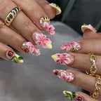 Press-On Nail Set Floral Design & Gold Accents Peel-And-Apply