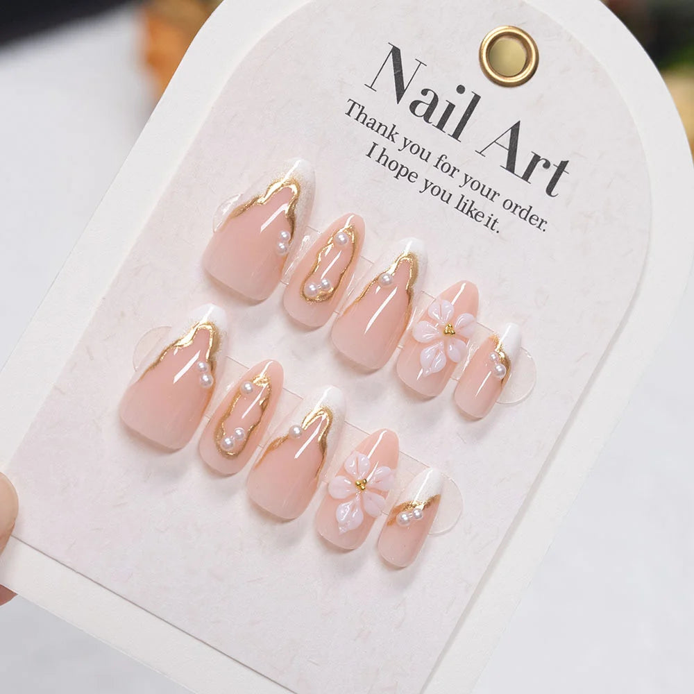 Press-On Nail Set Floral Design & Gold Accents Peel-And-Apply