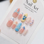 Press-On Nail Set Floral Design & Gold Accents Peel-And-Apply