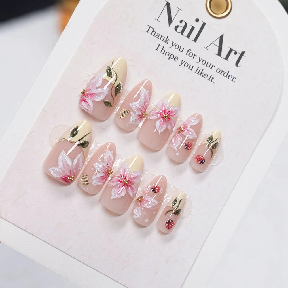 Press-On Nail Set Floral Design & Gold Accents Peel-And-Apply