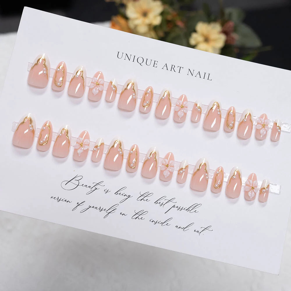 Press-On Nail Set Floral Design & Gold Accents Peel-And-Apply